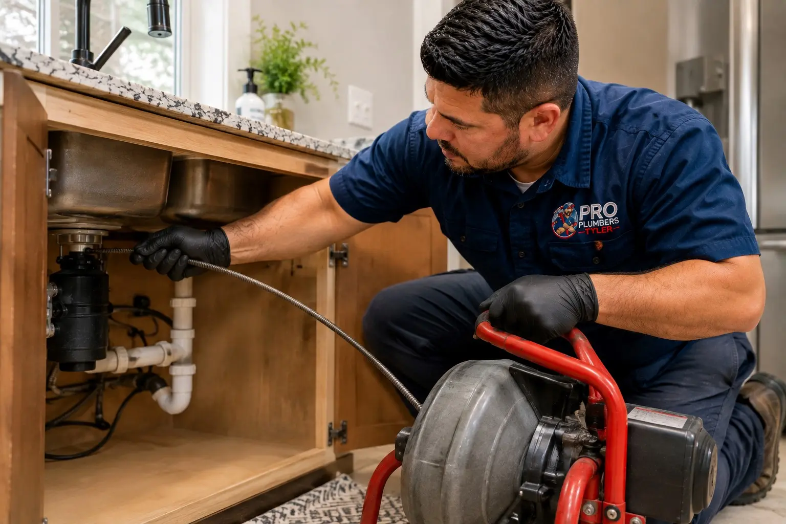 Plumber running a drain snake through a kitchen sink drain line during a drain cleaning in Tyler TX