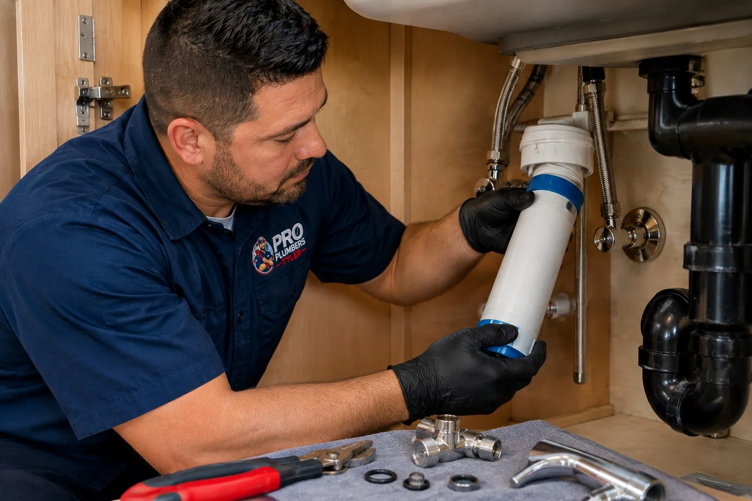 Plumber replacing an under-sink faucet supply line and shut-off valve during a faucet repair in Tyler TX