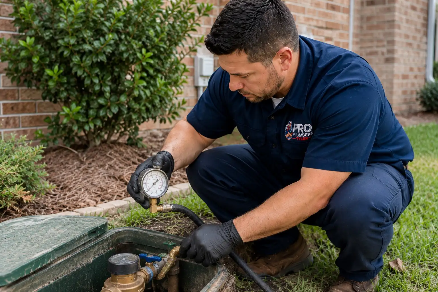 Plumber attaching a pressure gauge to a water meter to test for a hidden leak at a Tyler TX home