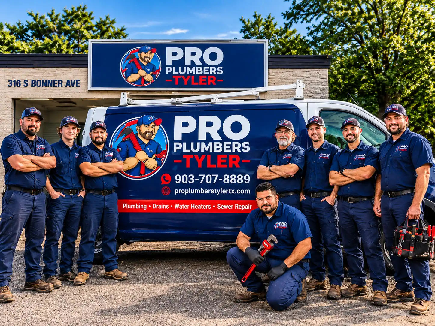 The Pro Plumbers Tyler team of licensed plumbers outside the shop on S Bonner Ave in Tyler, TX with the company service van