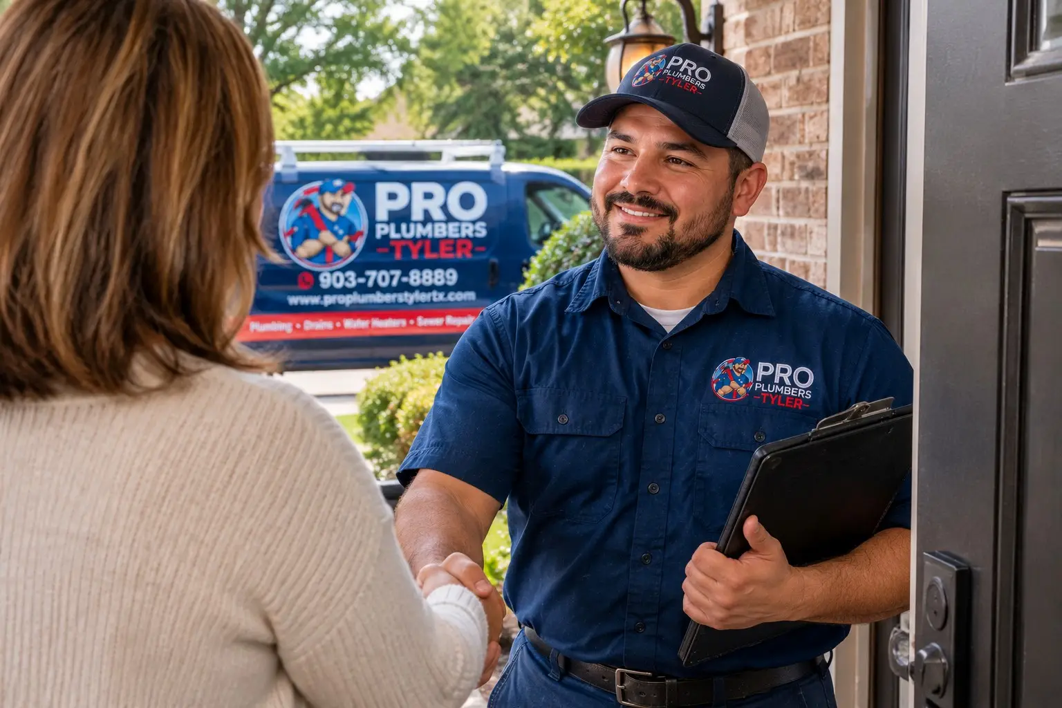 Pro Plumbers Tyler plumber greeting a homeowner at the door with the company van parked outside in Tyler, TX