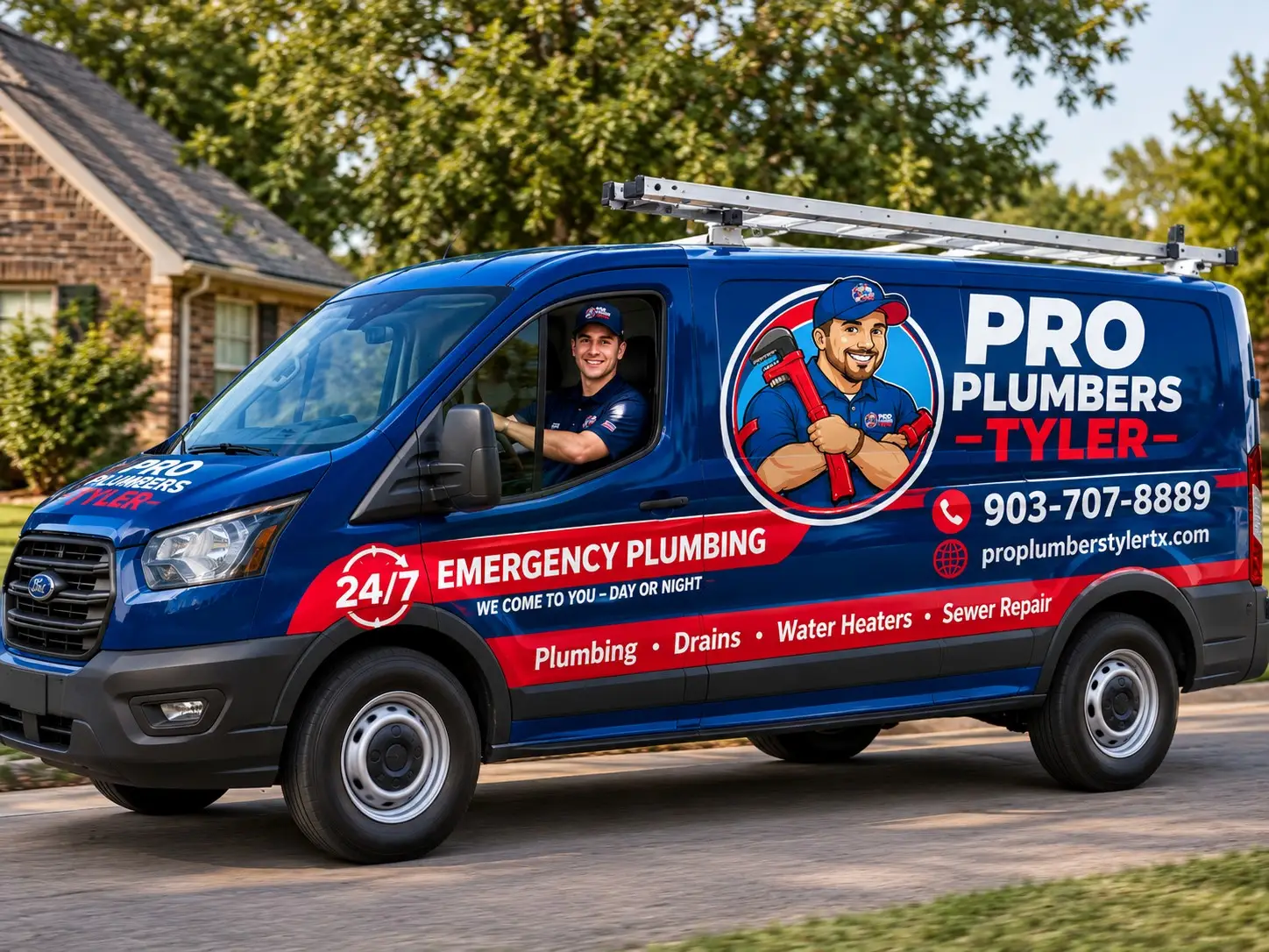 Pro Plumbers Tyler 24/7 emergency plumbing van on a residential street in Tyler, TX